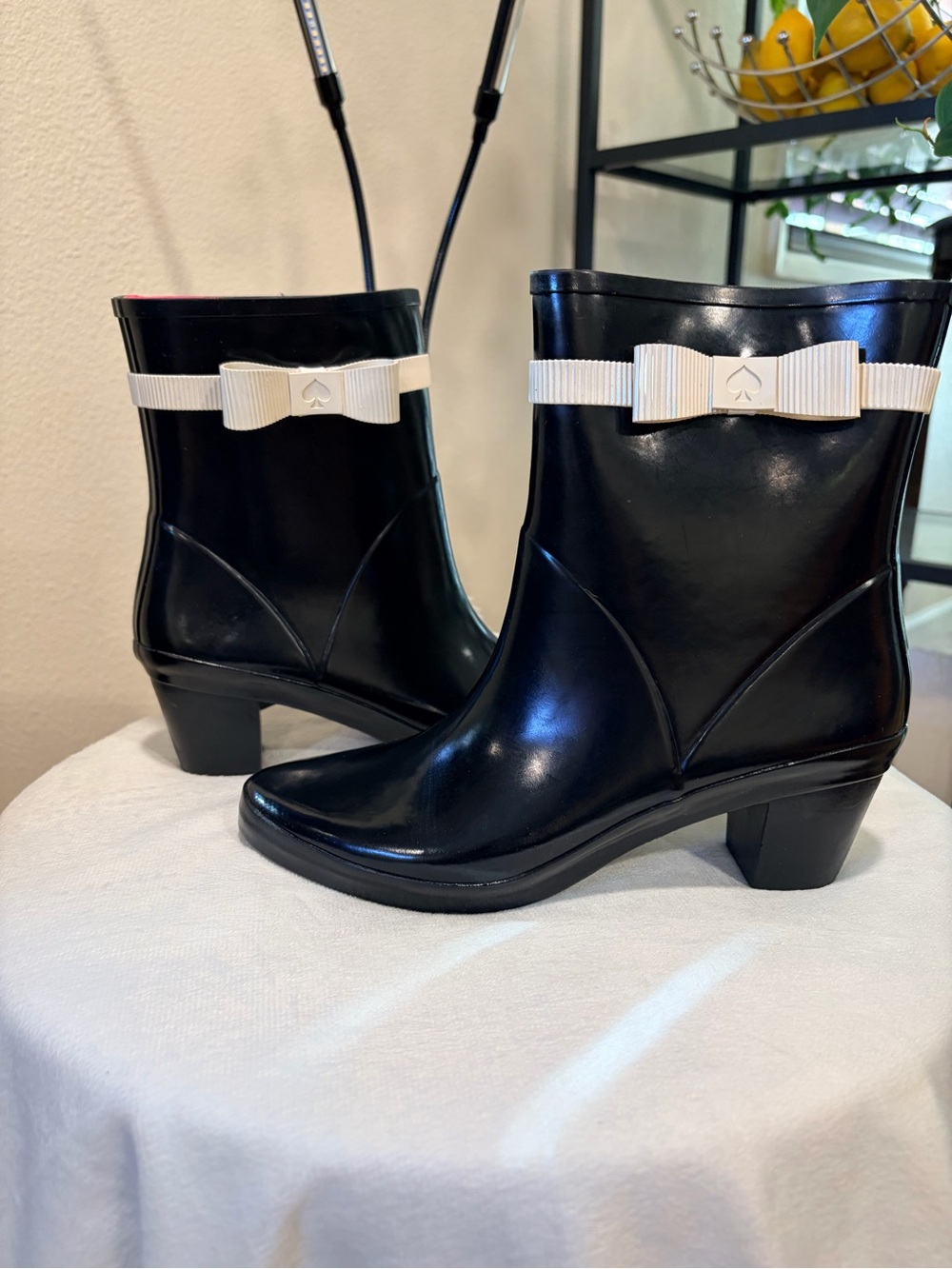 kate spade Black Ankle Rain Boots with White Bow Trim